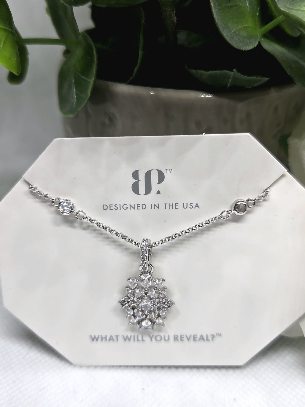 BP Silver-Tone Clear Crystal Snowflake Pendant Necklace On Rhodium Plating